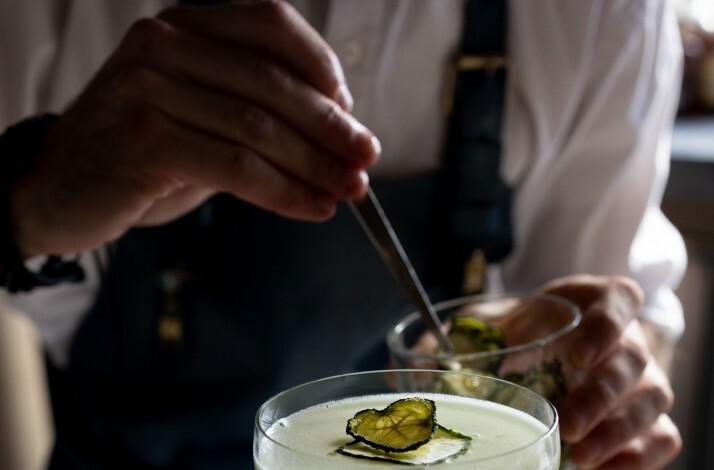 Cocktail preparation at Peak restaurant, 101st floor, New York City.