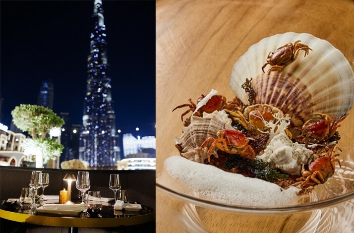 A restaurant featuring a city view, with a bowl of crab prominently displayed on the table at 99 Sushi Bar & Restaurant Dubai.