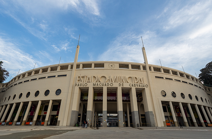 Front entrance of the Estádio Municipal Paulo Machado de Carvalho, commonly known as the Pacaembu Stadium.