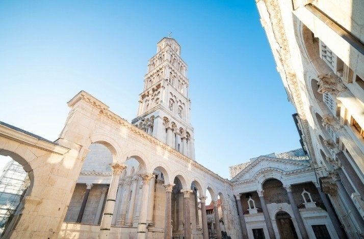 Peristyle courtyard and the Cathedral of Saint Domnius bell tower within Diocletian's Palace in Split